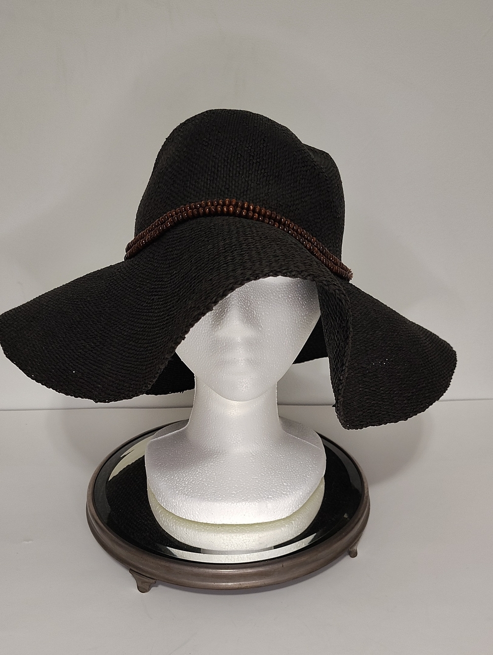Black Wide-Brim Women’s Sun Hat with Beaded Band